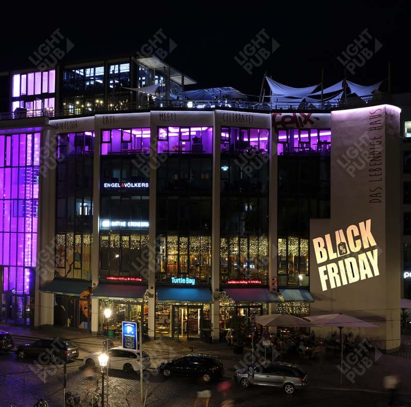 Projection logo lumineux Black Friday événementielle Projection logo lumineux Black Friday événementielle
